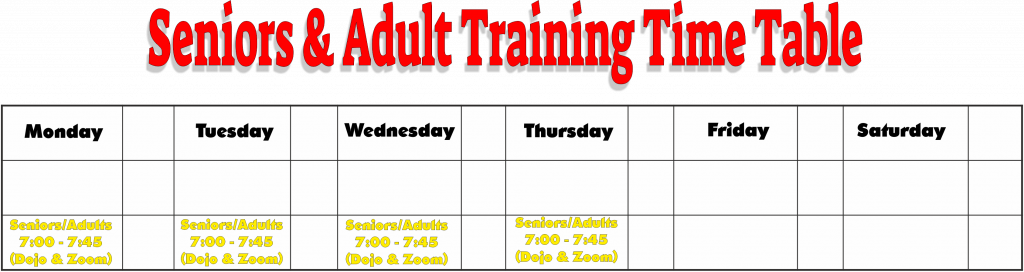 Senior and Adults Training Timetable 2021